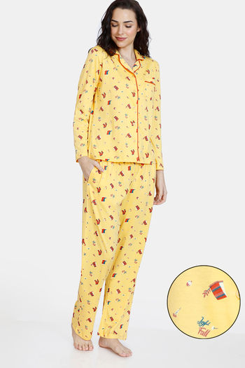 Buy Zivame Autumn Leaves Knit Cotton Pyjama Set - Samoan Sun